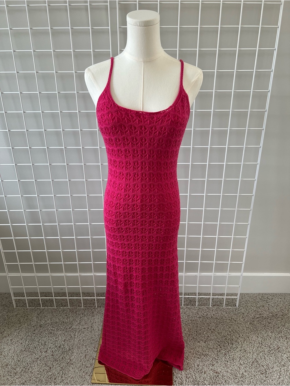 Lush Hot Pink Crochet Knit Spaghetti Strap Midi Dress Bodycon Women’s Size M